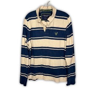Vintage American Eagle Polo L Shirt Long Sleeve Blue White Stripe Y2K Preppy